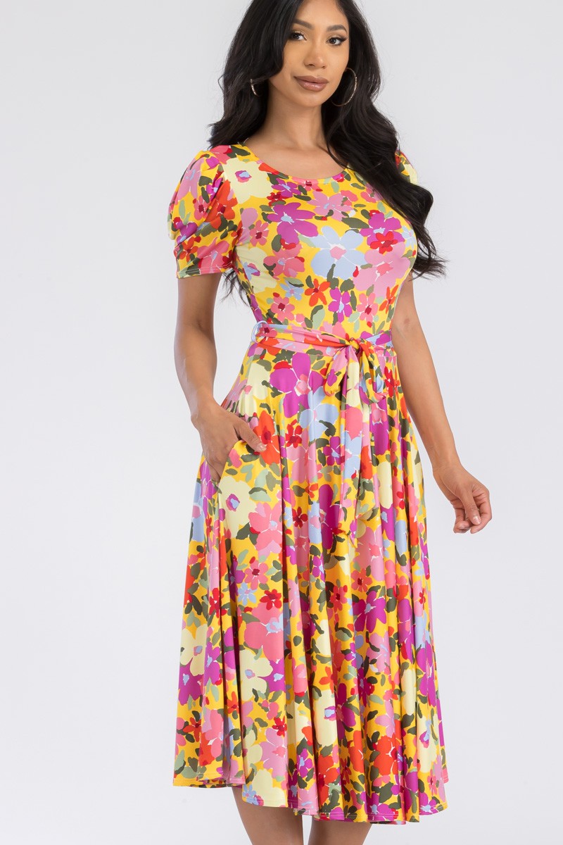 HH698R-FLORAL - PUFF SLEEVE MIDI COCKTAIL DRESS