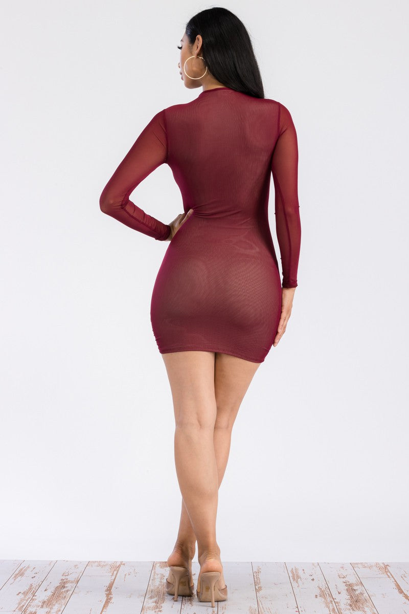 D-1339  - MESHED HIGH NECK BODYCON DRESS