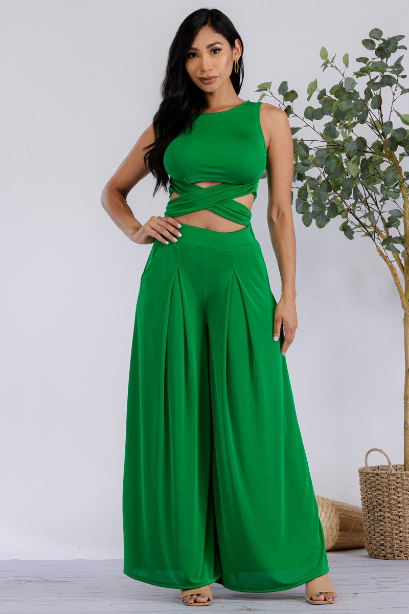 HH688X-S - Plus Size Wrap Tie Crop Top & Wide Leg Pants Set