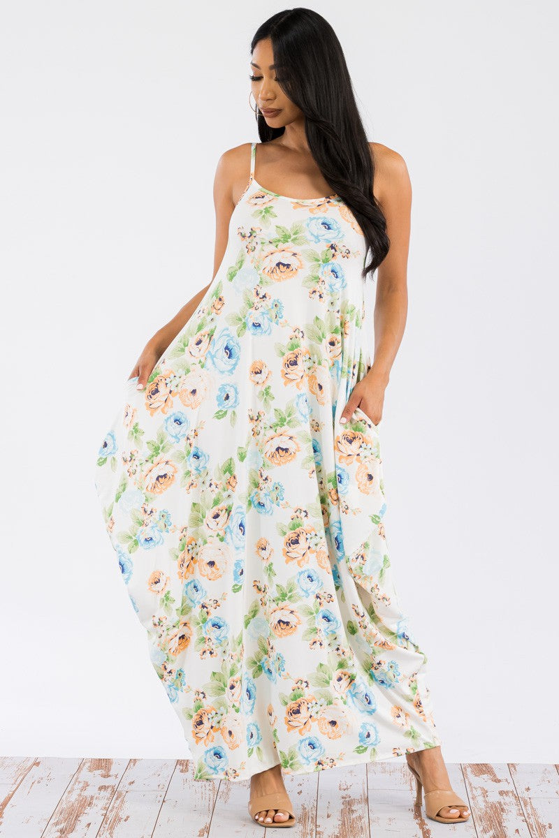 HH645X-FLORES -VESTIDO CAMI MAXI BOLSILLOS