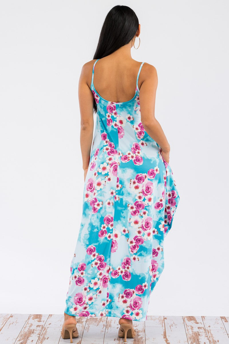 HH645X-FLORES -VESTIDO CAMI MAXI BOLSILLOS