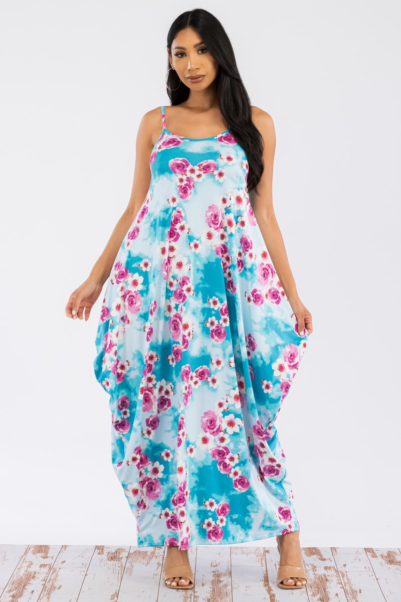 HH645X-FLOWERS -CAMI MAXI DRESS WITH POCKETS