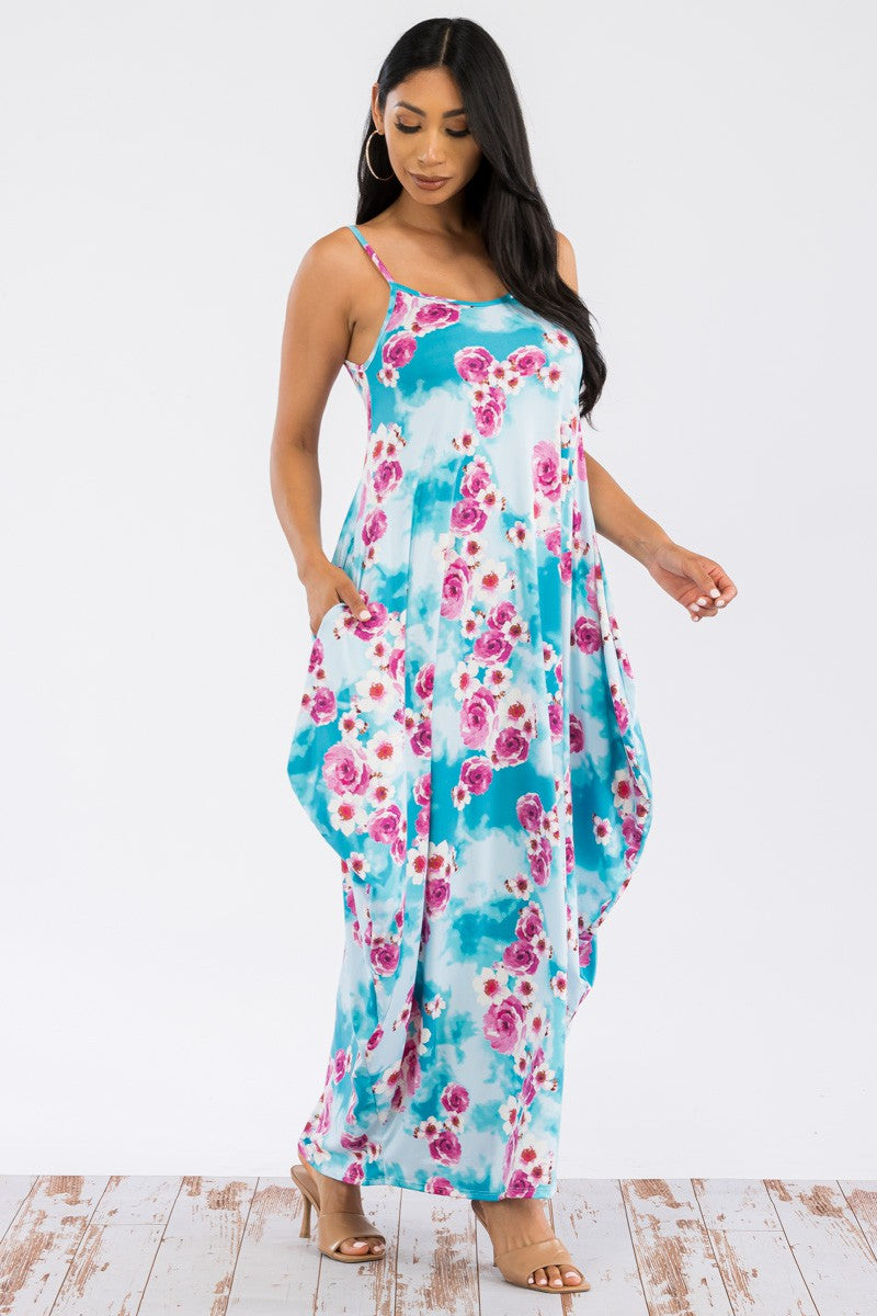 HH645X-FLORES -VESTIDO CAMI MAXI BOLSILLOS