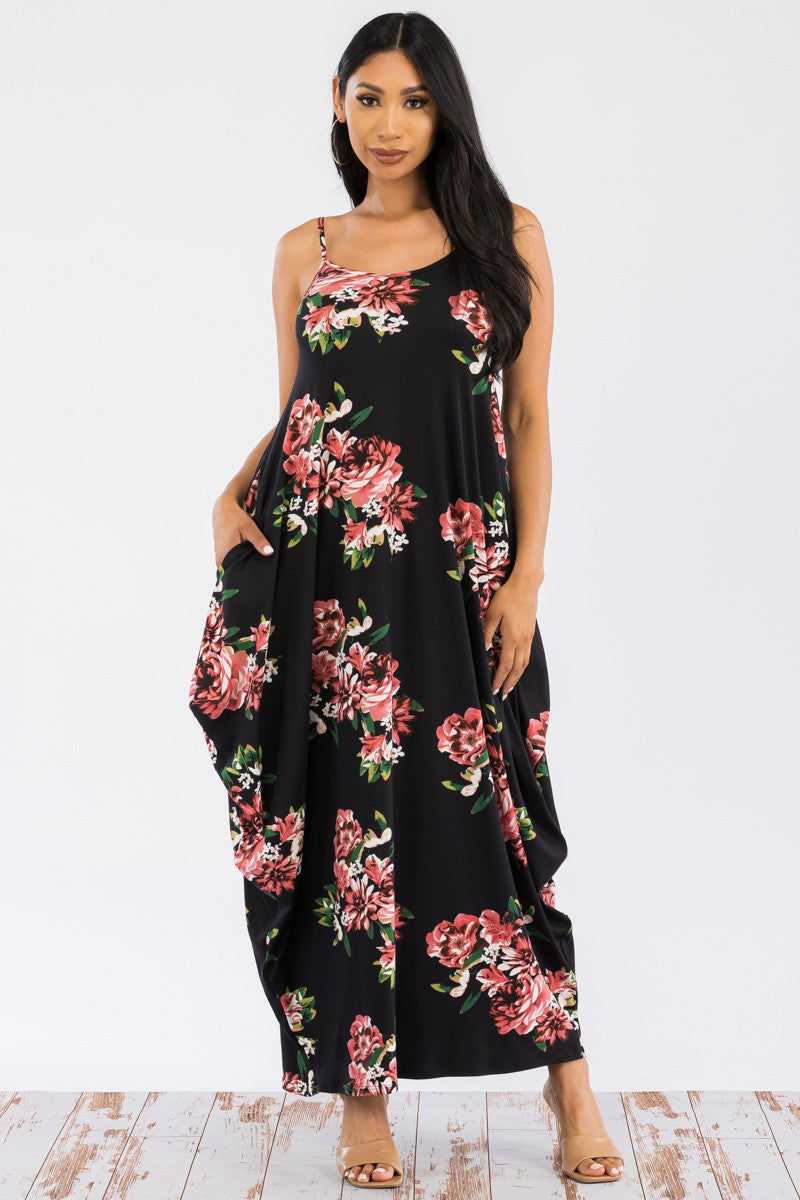 HH645X-FLORES -VESTIDO CAMI MAXI BOLSILLOS