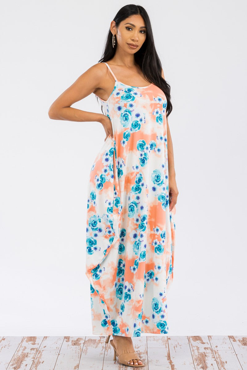 HH645X-FLORES -VESTIDO CAMI MAXI BOLSILLOS