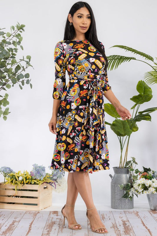 HH583X-P-CH Plus Chain Multiprint Midi Tie-Up Dress with Midi Sleeves