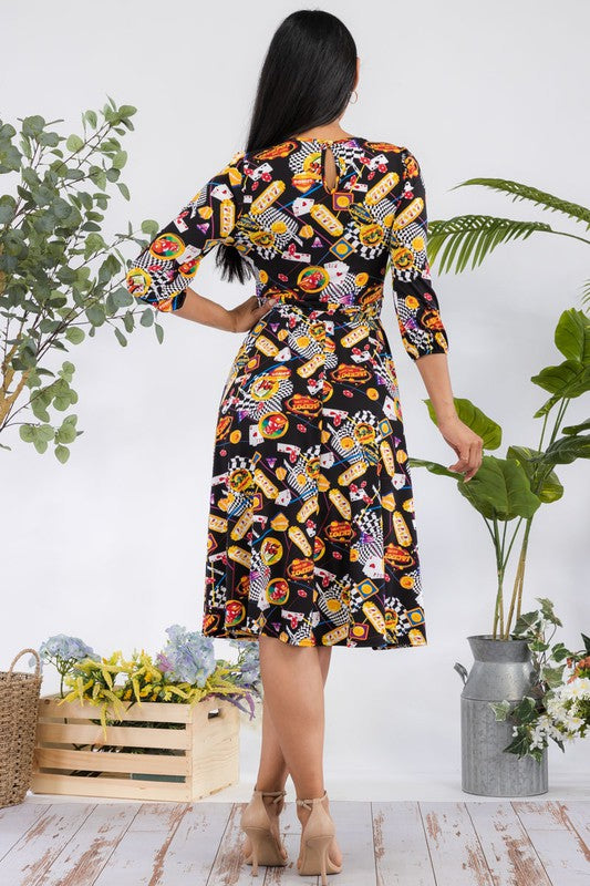 HH583X-P-CH Plus Chain Multiprint Midi Tie-Up Dress with Midi Sleeves