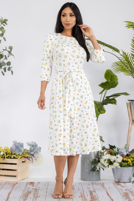 HH583R-P-FL Floral Midi Tie-Up Dress with Midi Sleeves