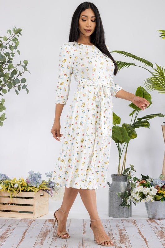 HH583R-P-FL Floral Midi Tie-Up Dress with Midi Sleeves