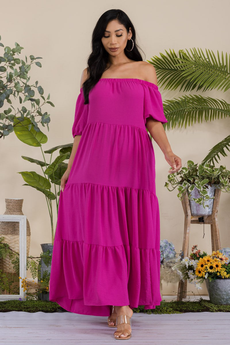 S25659 Off-Shoulder Tiered Maxi Dress