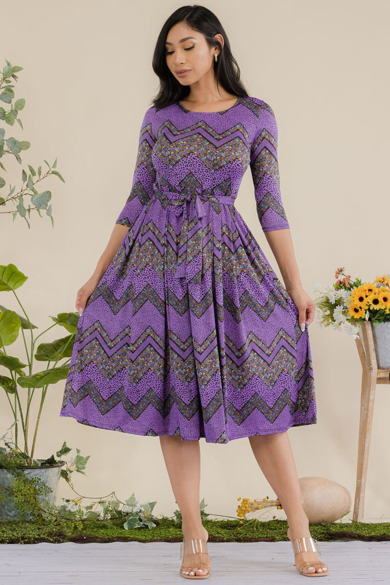 JR779R-CHEVRON - 3/4 Sleeve Waist Tie Dress