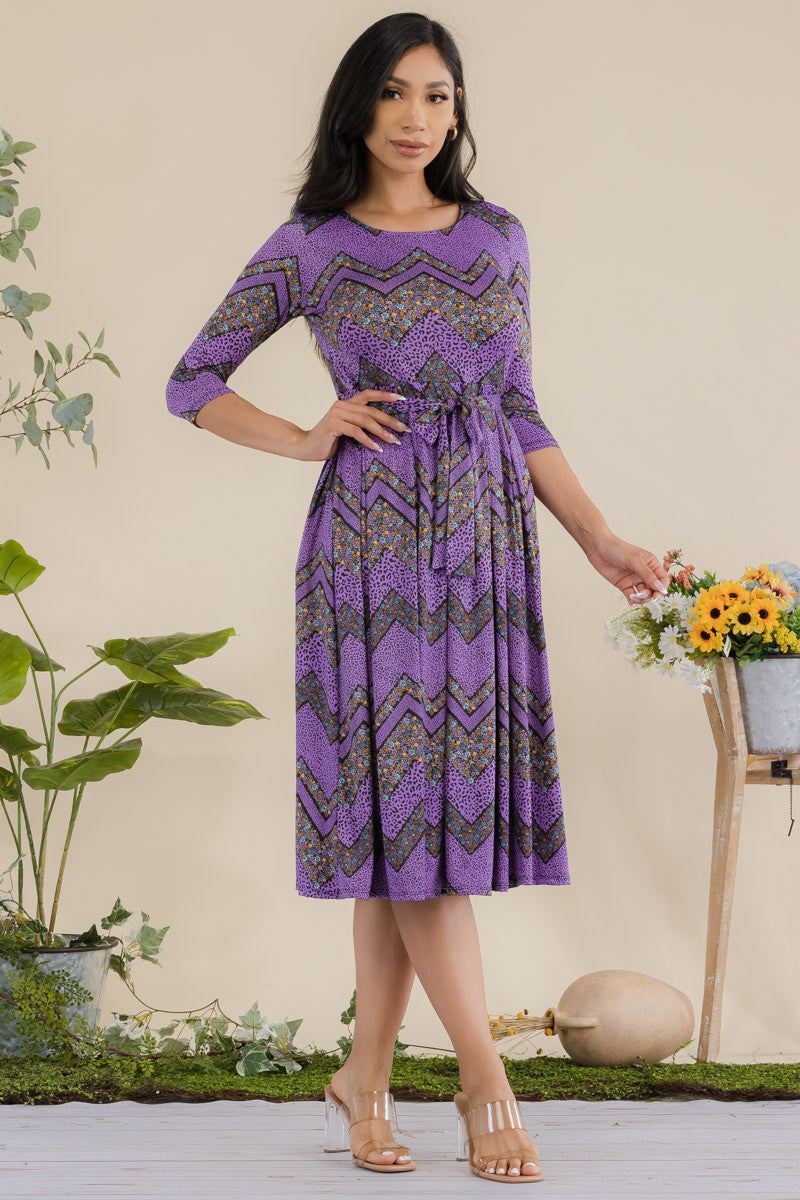 JR779R-CHEVRON - 3/4 Sleeve Waist Tie Dress