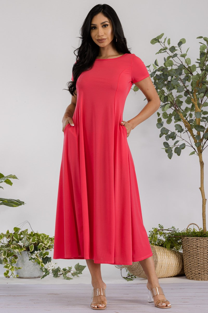 SAN144R-SOLID - CAP SLEEVE MAXI DRESS