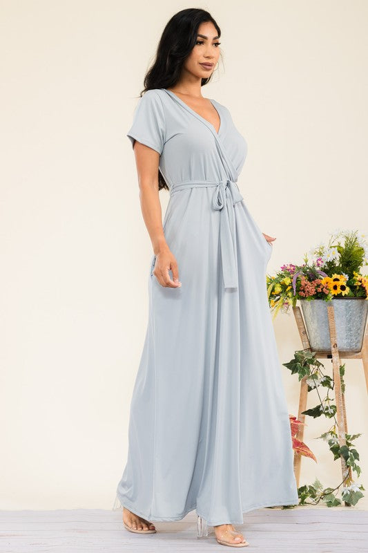 SAN149BR-S Faux Wrap Maxi Dress