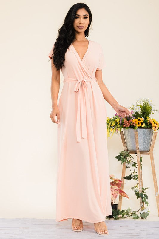 SAN149BR-S Faux Wrap Maxi Dress