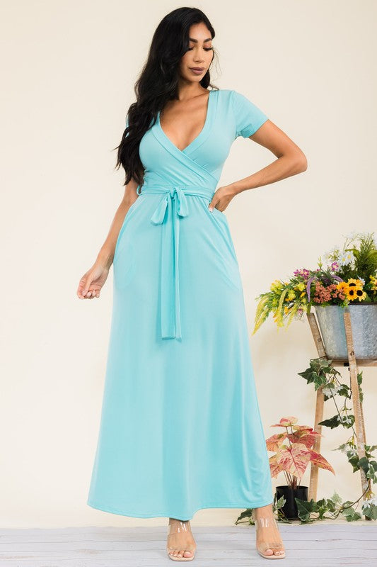 SAN149BR-S Faux Wrap Maxi Dress