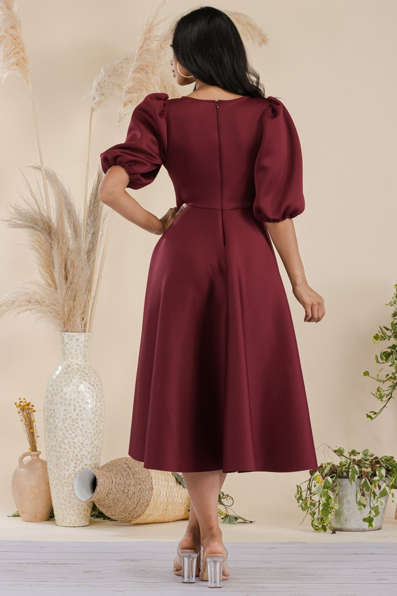 HH727R-S Puff Sleeve Midi Dress