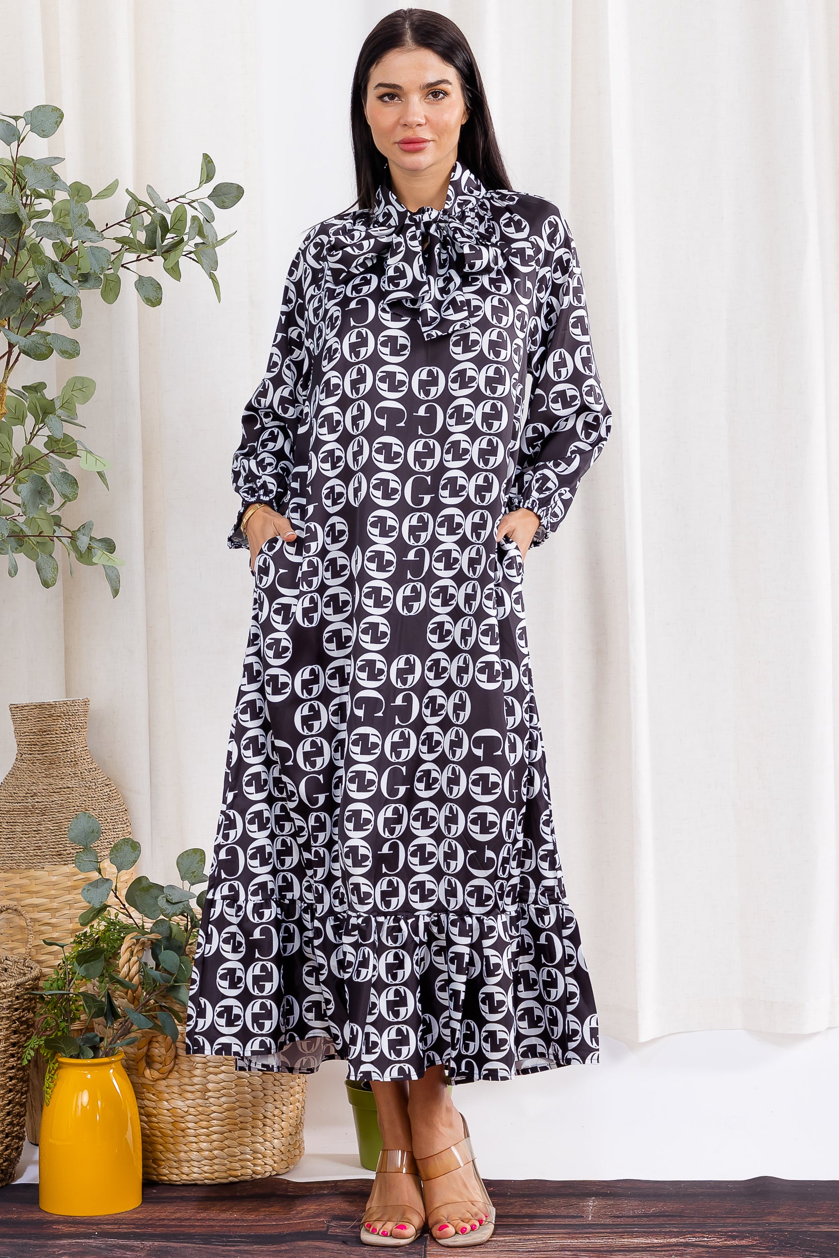 H006R-P Printed Bow-Tie Maxi Dress