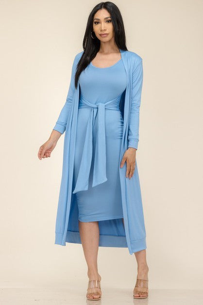 HH657R-SL-NEW-2 - Light Blue Cardigan Midi Dress Set