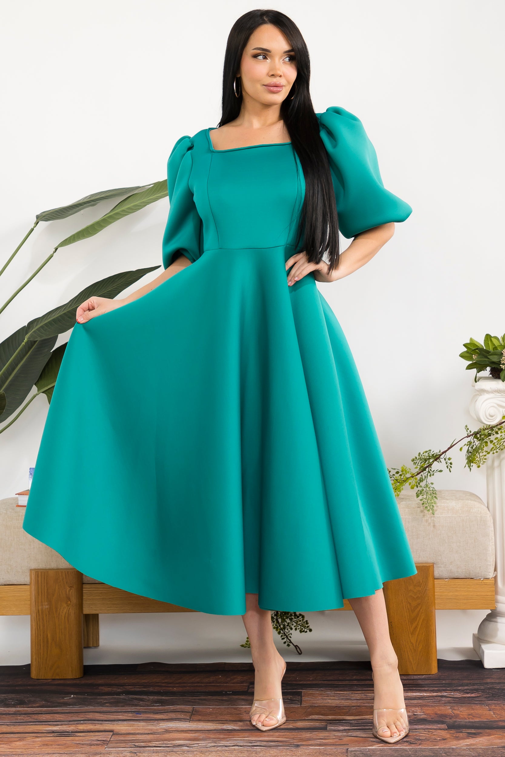 HH727R-S Puff Sleeve Midi Dress