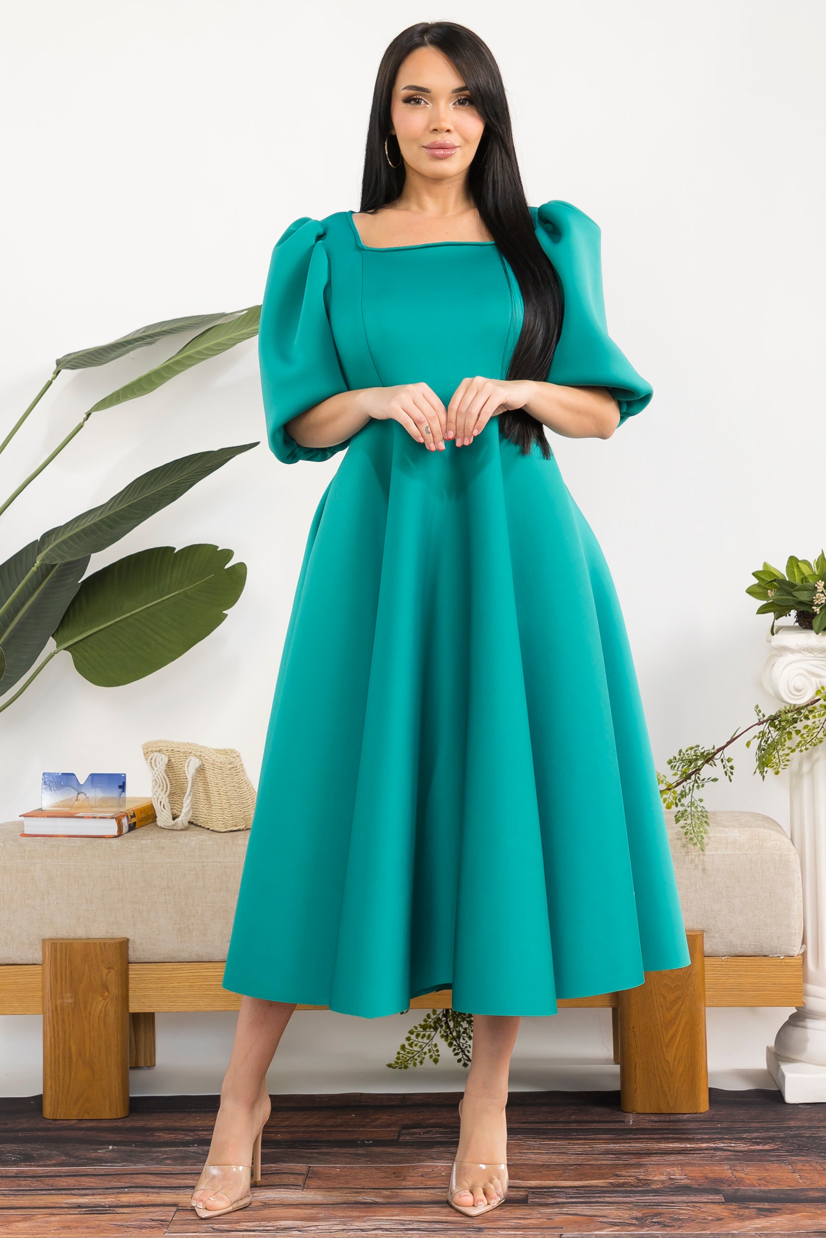 HH727R-S Puff Sleeve Midi Dress