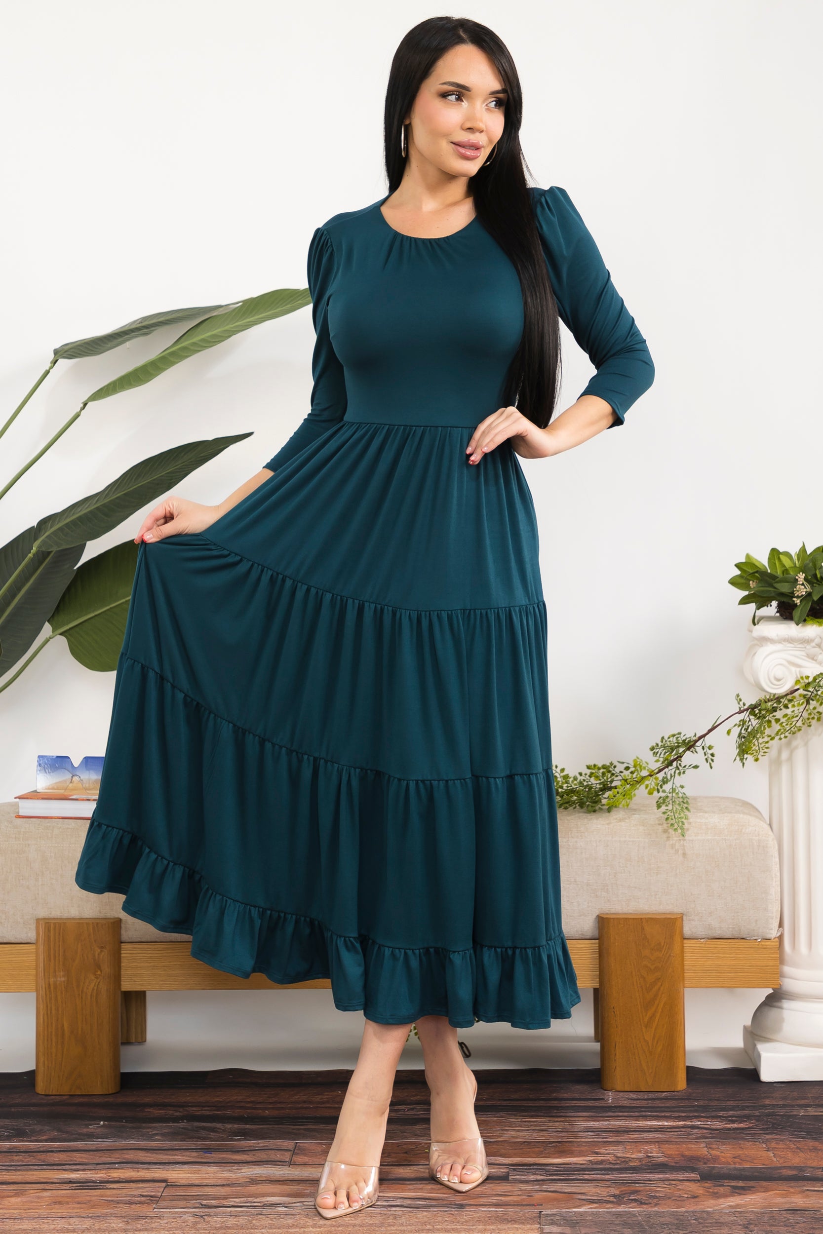 HH791S-R Women's Tiered Midi Dress