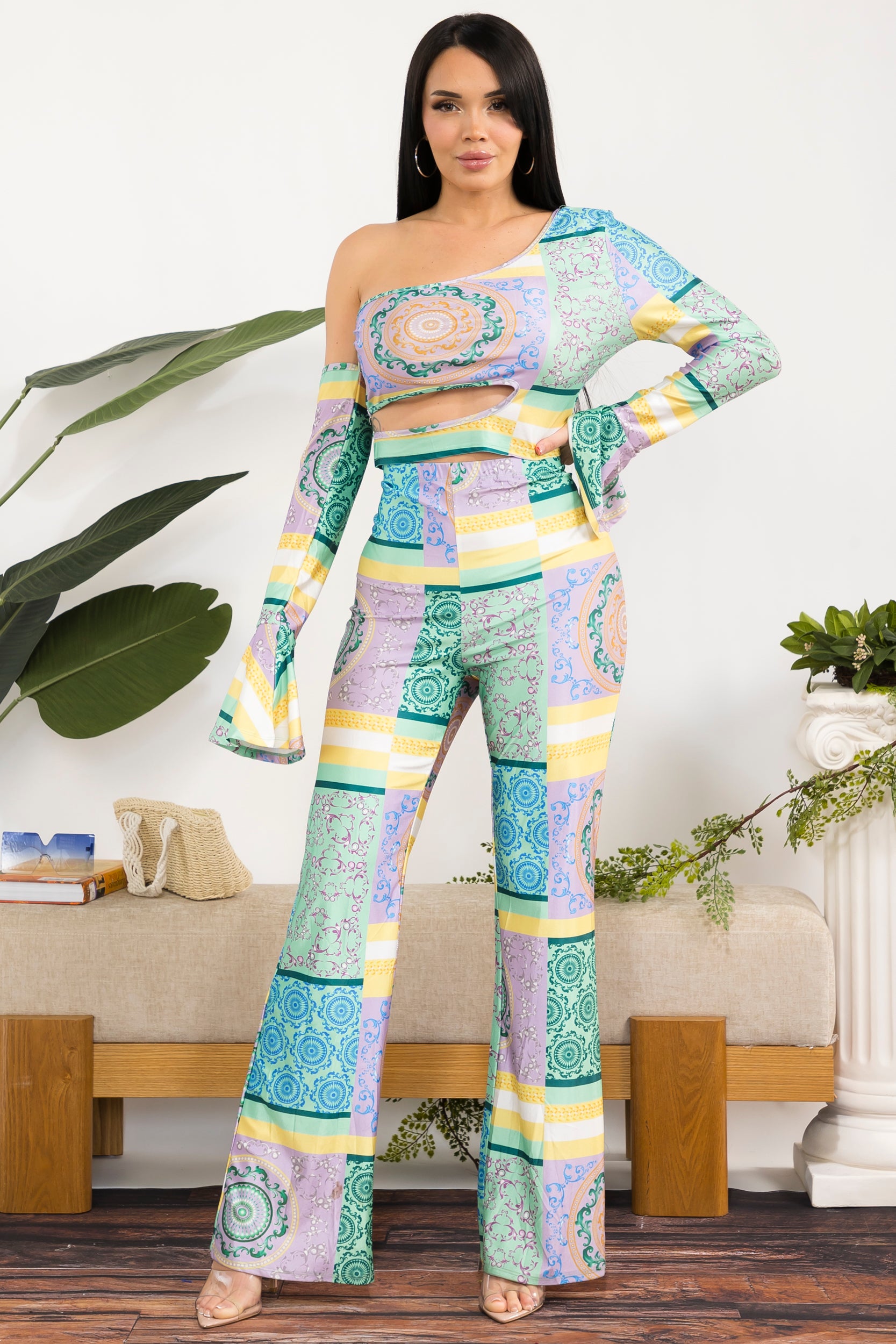 ST109-R One-Shoulder Cutout Two-Piece Pants Set