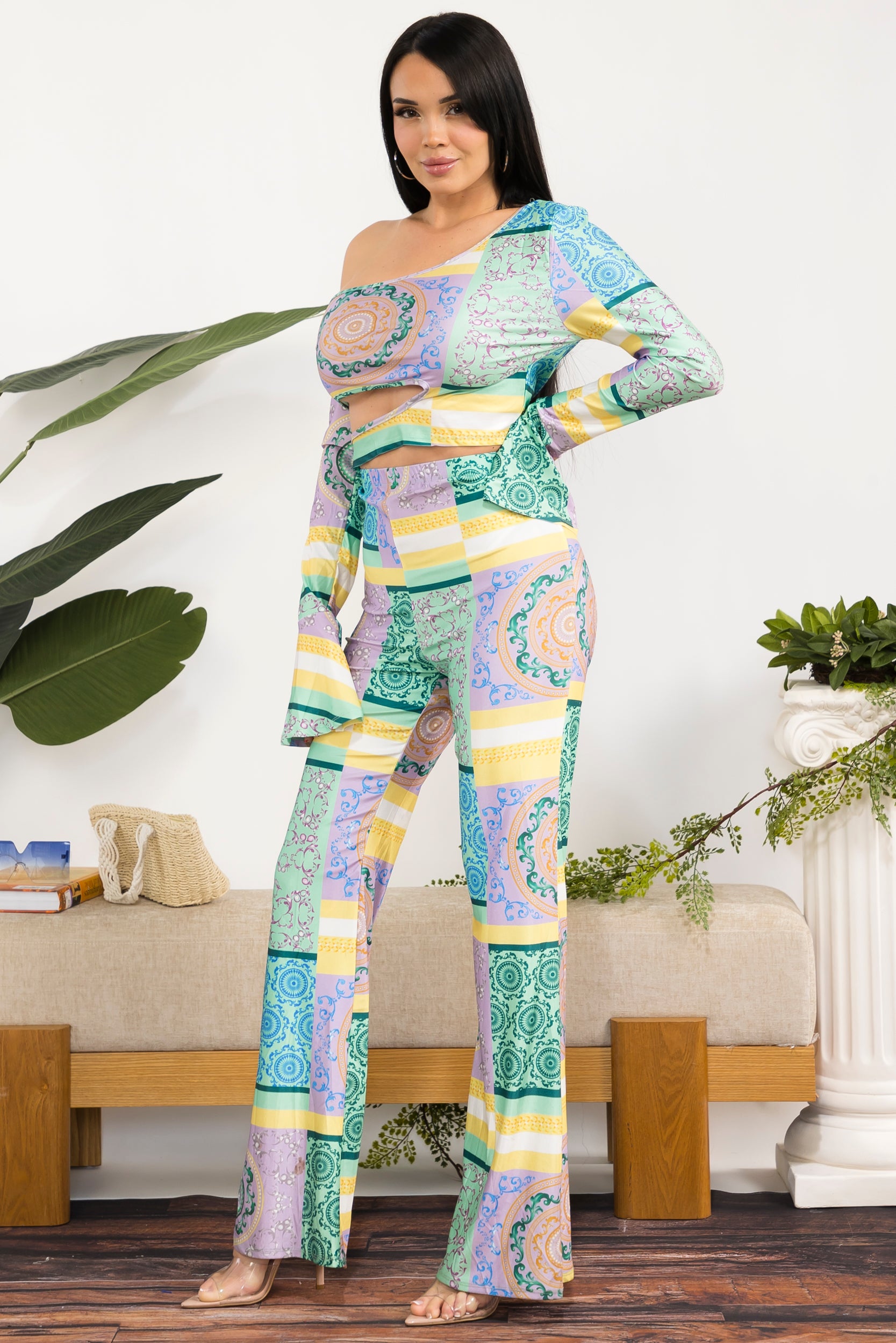 ST109-X Plus Size One-Shoulder Cutout Two-Piece Pants Set