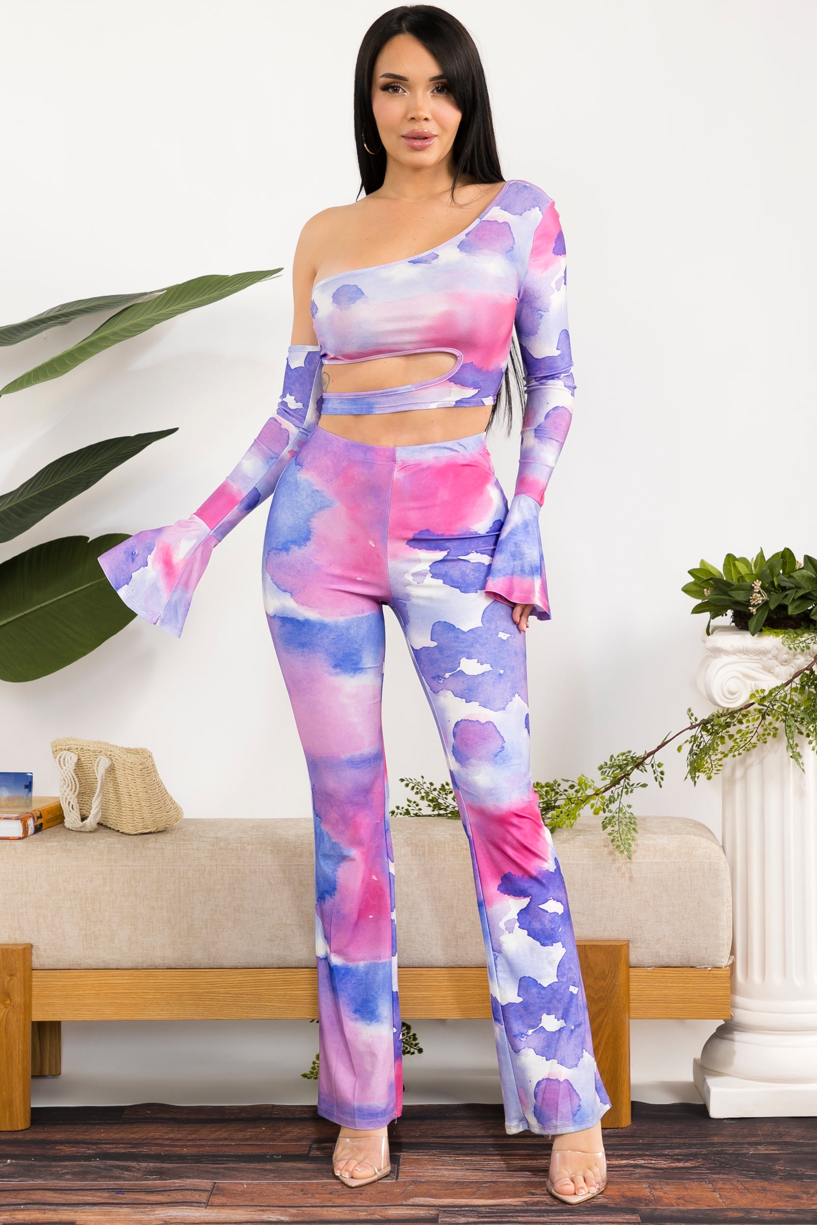 ST109-R One-Shoulder Cutout Two-Piece Pants Set