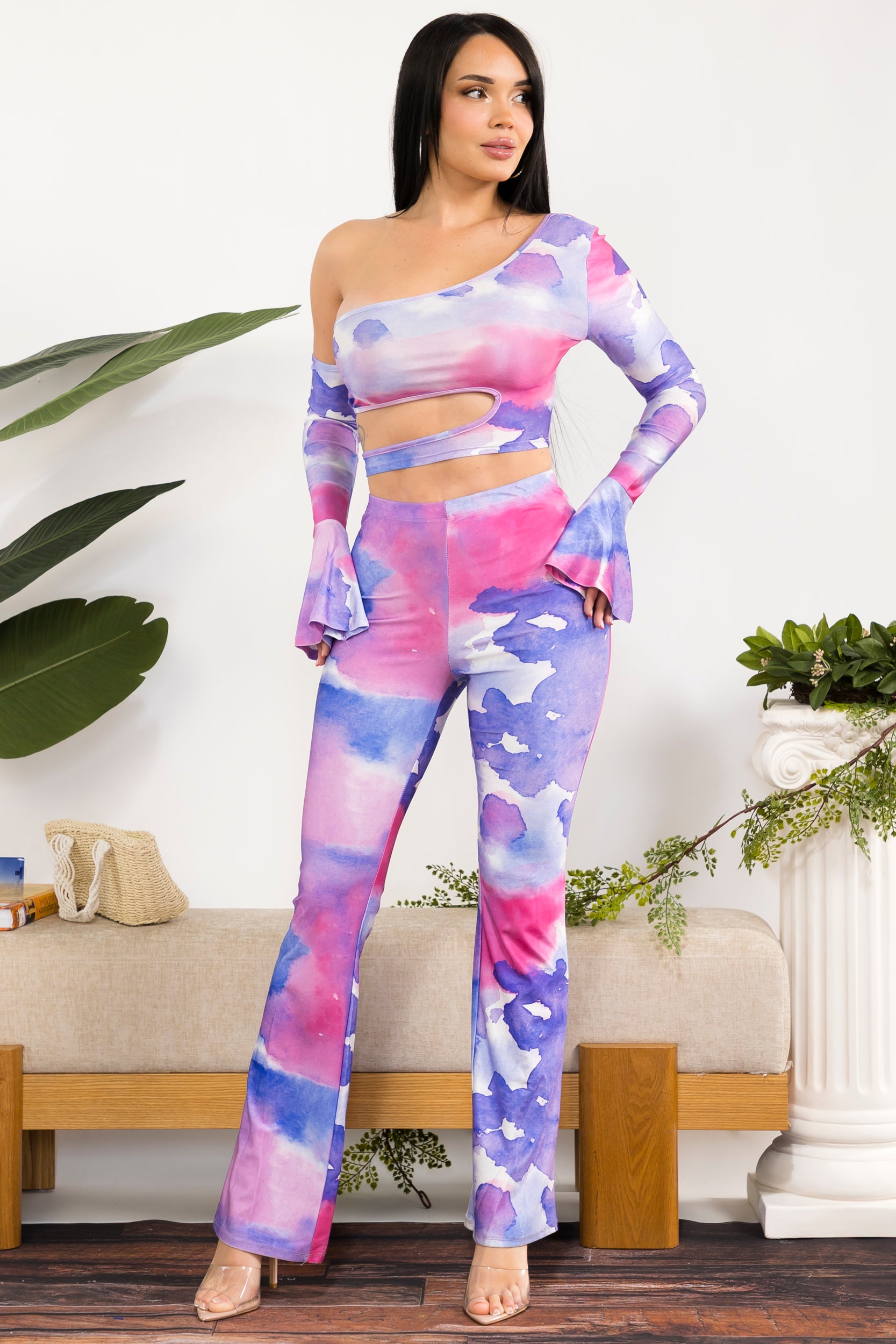 ST109-X Plus Size One-Shoulder Cutout Two-Piece Pants Set