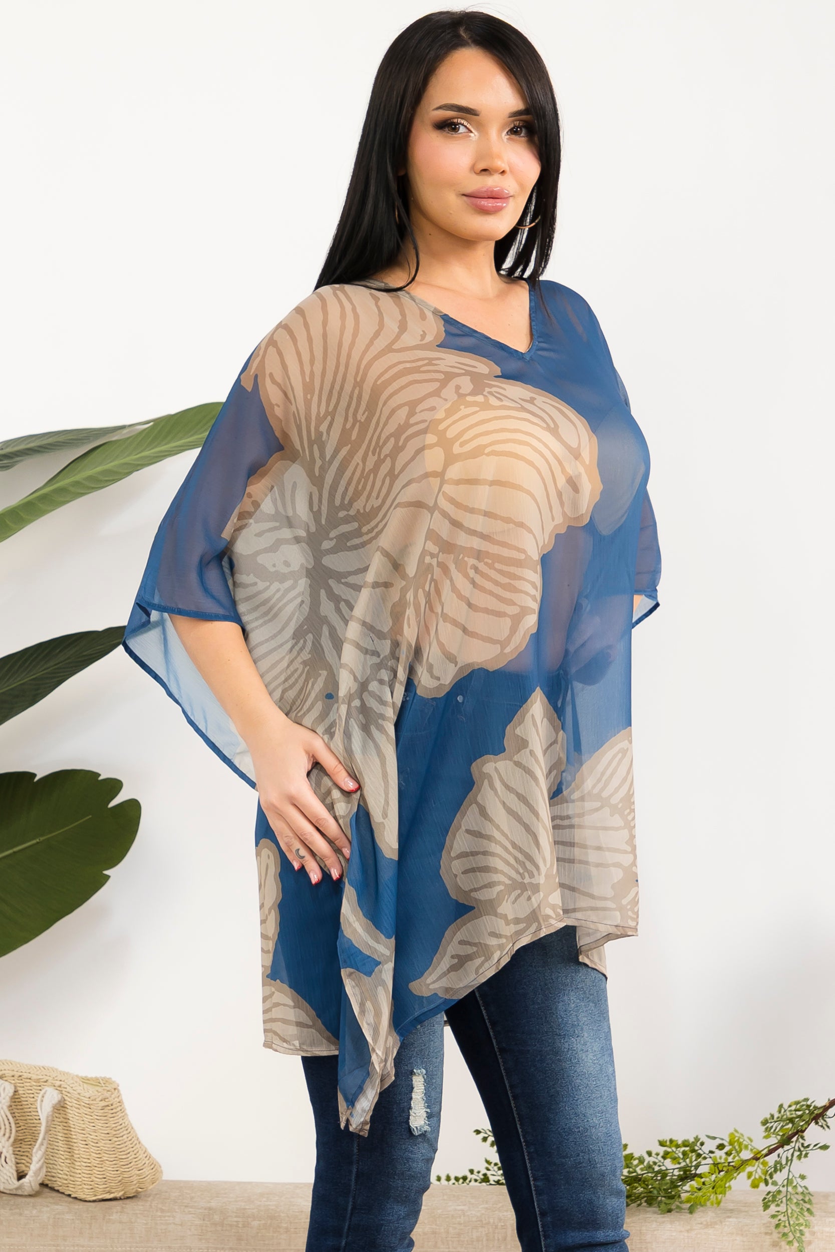00101 Sheer Floral Chiffon Poncho Top