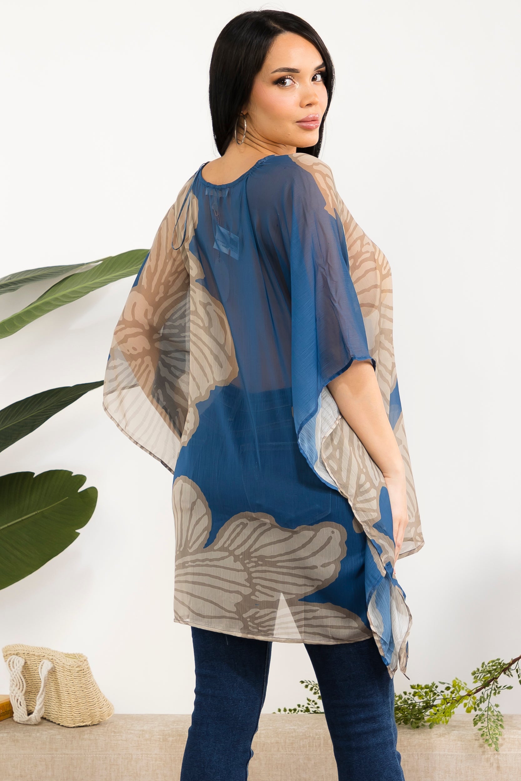 00101 Sheer Floral Chiffon Poncho Top