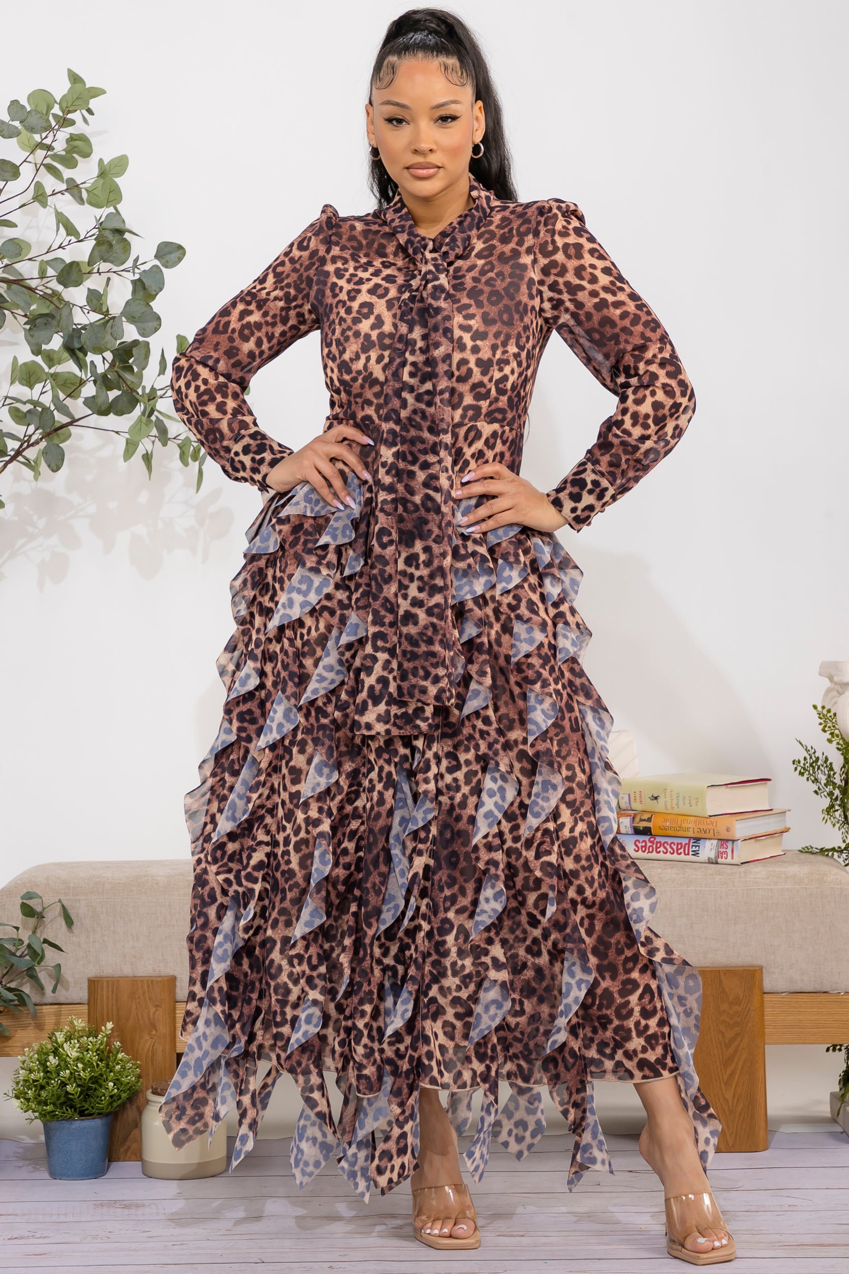 ZB131X-P Plus Size Animal Print Ruffled Maxi Dress