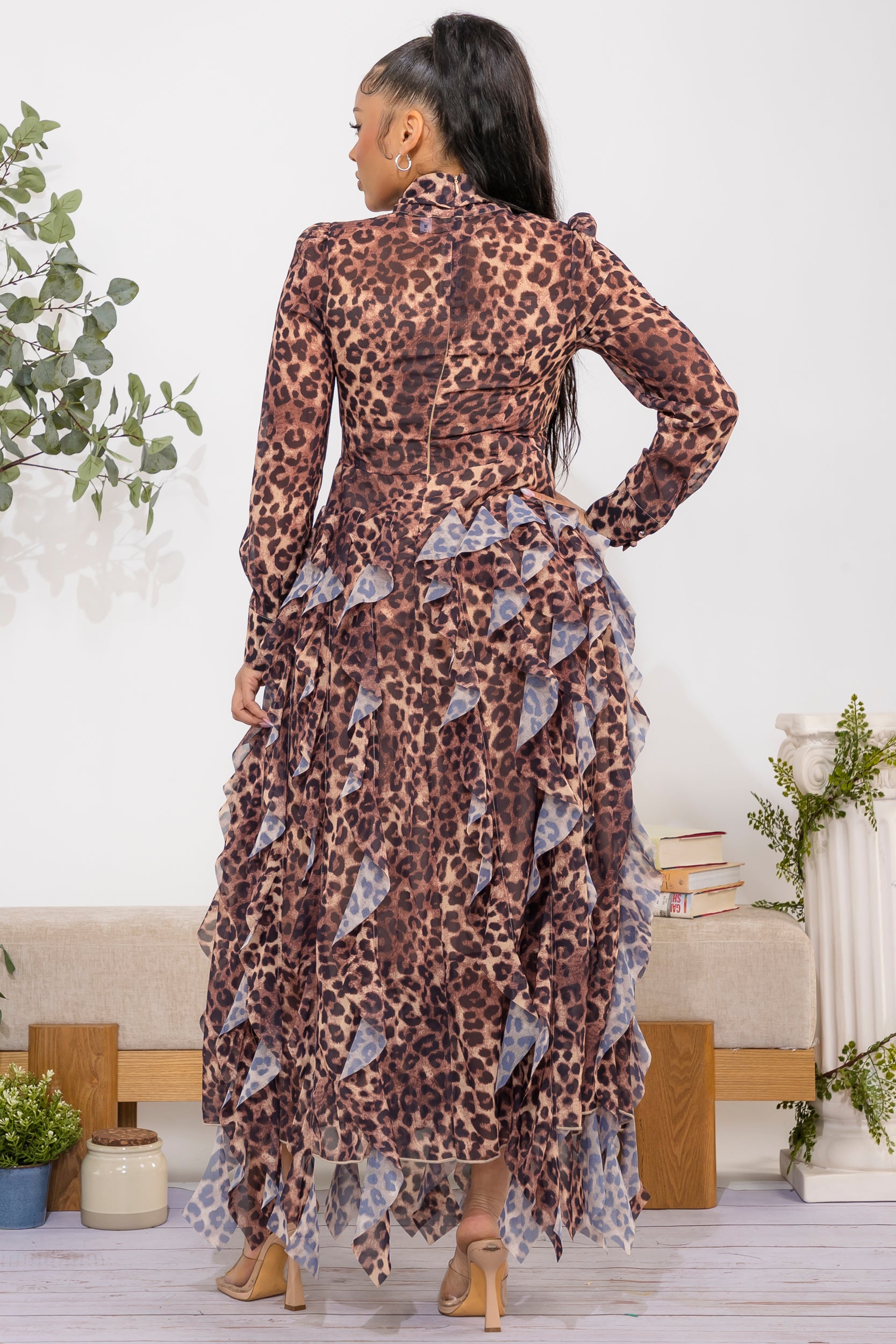 ZB131R-P Animal Print Ruffled Maxi Dress