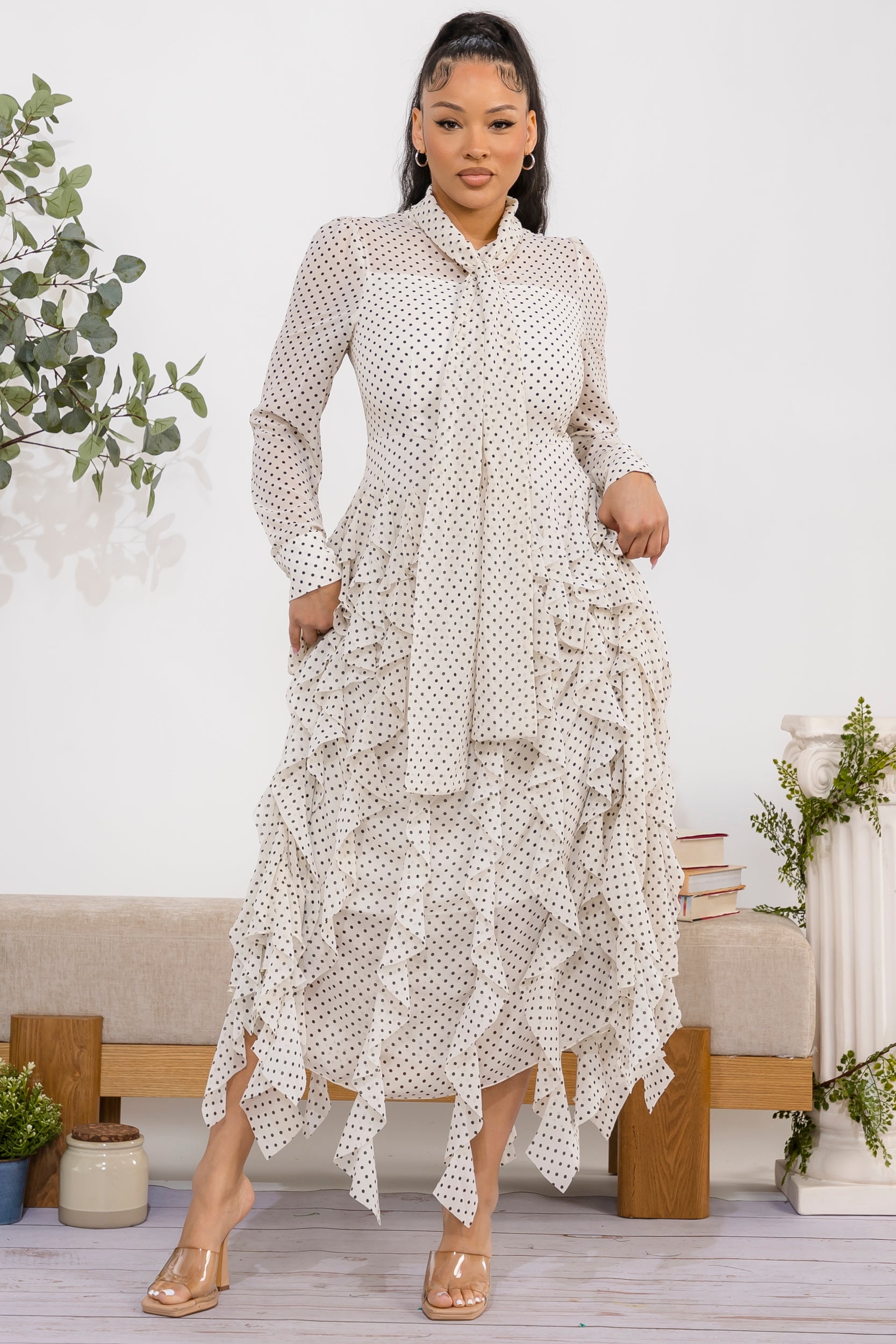 ZB131-R Polka Ruffle Maxi Dress