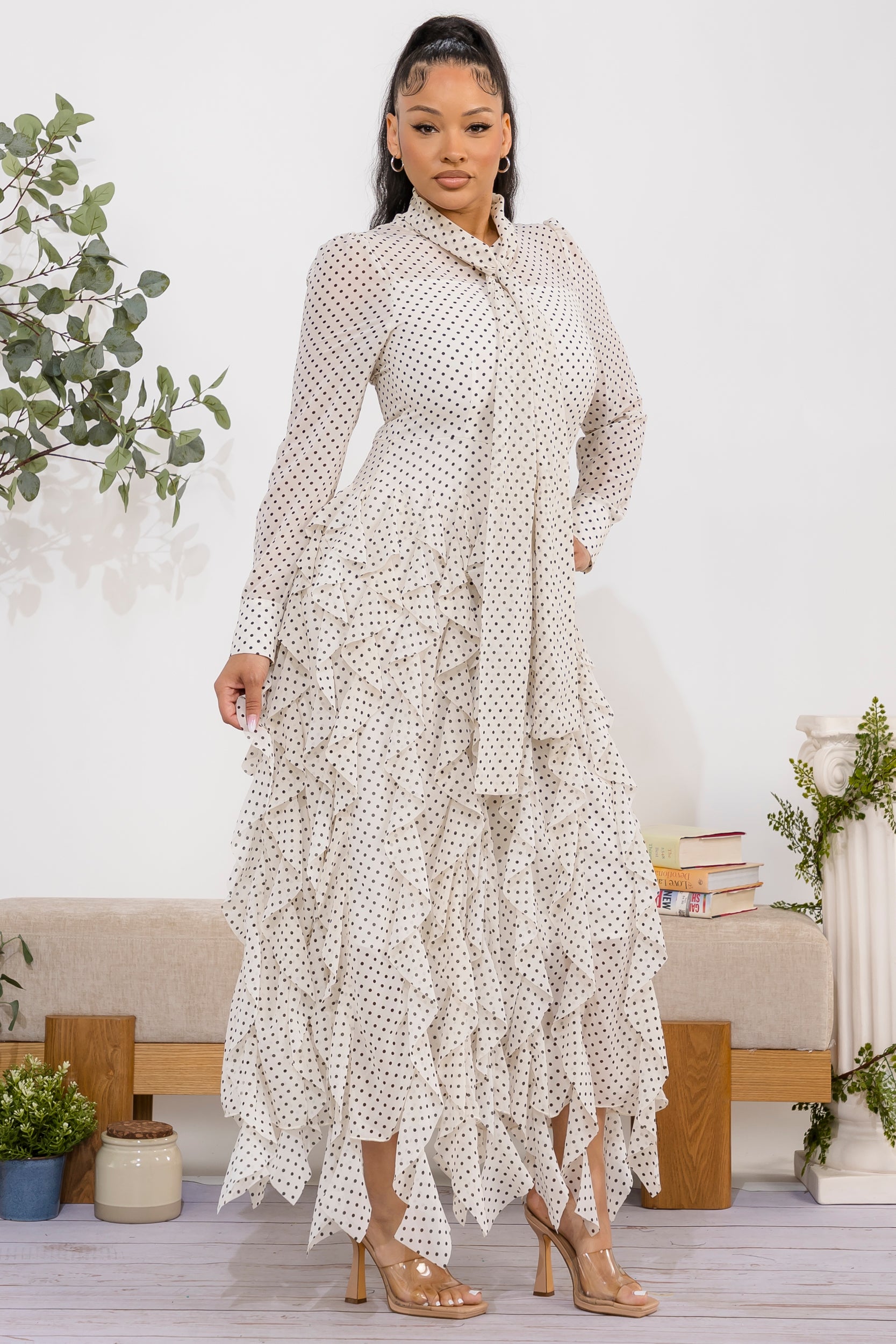 ZB131-R Polka Ruffle Maxi Dress