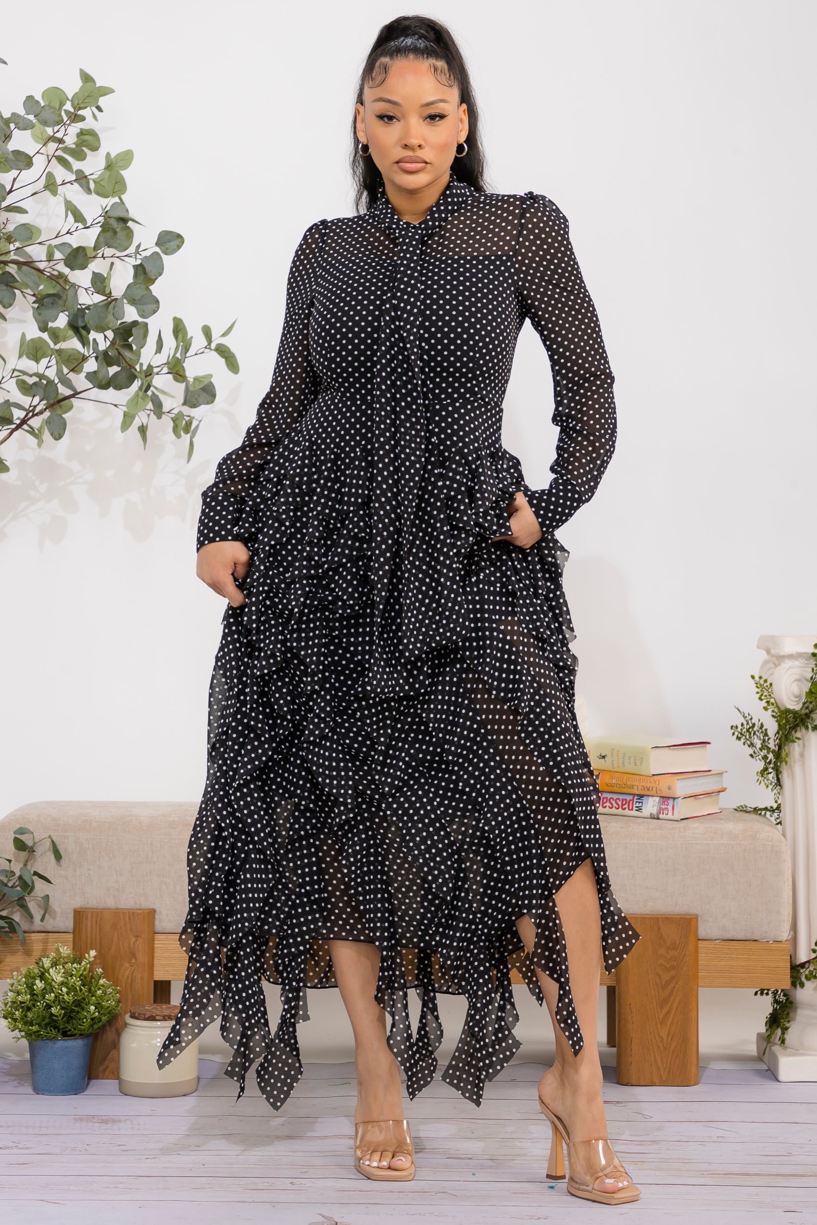 ZB131-R Polka Ruffle Maxi Dress