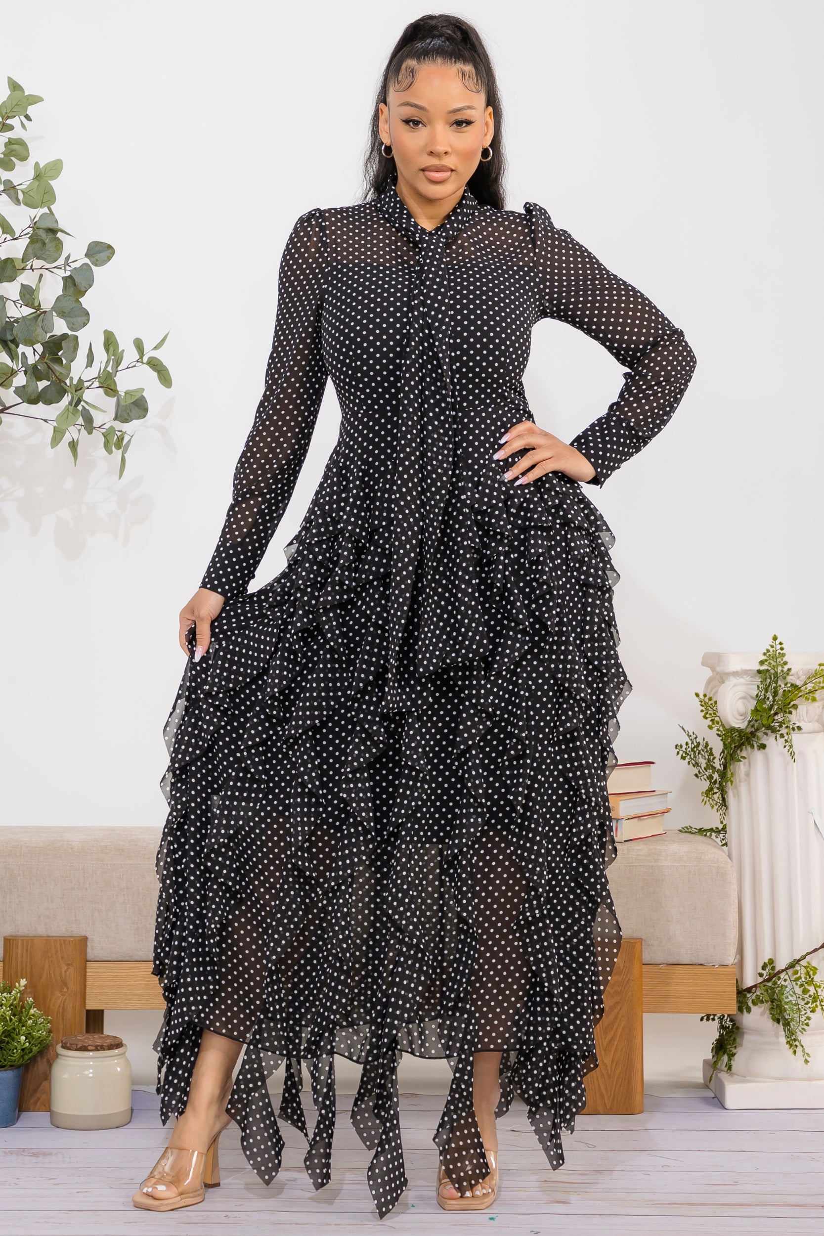 ZB131-R Polka Ruffle Maxi Dress