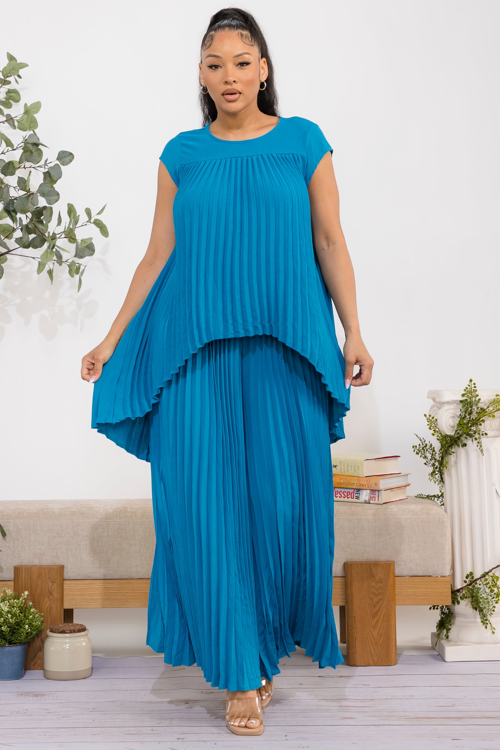 S25639-R 2PCS PLEATED TOP PANTS SET