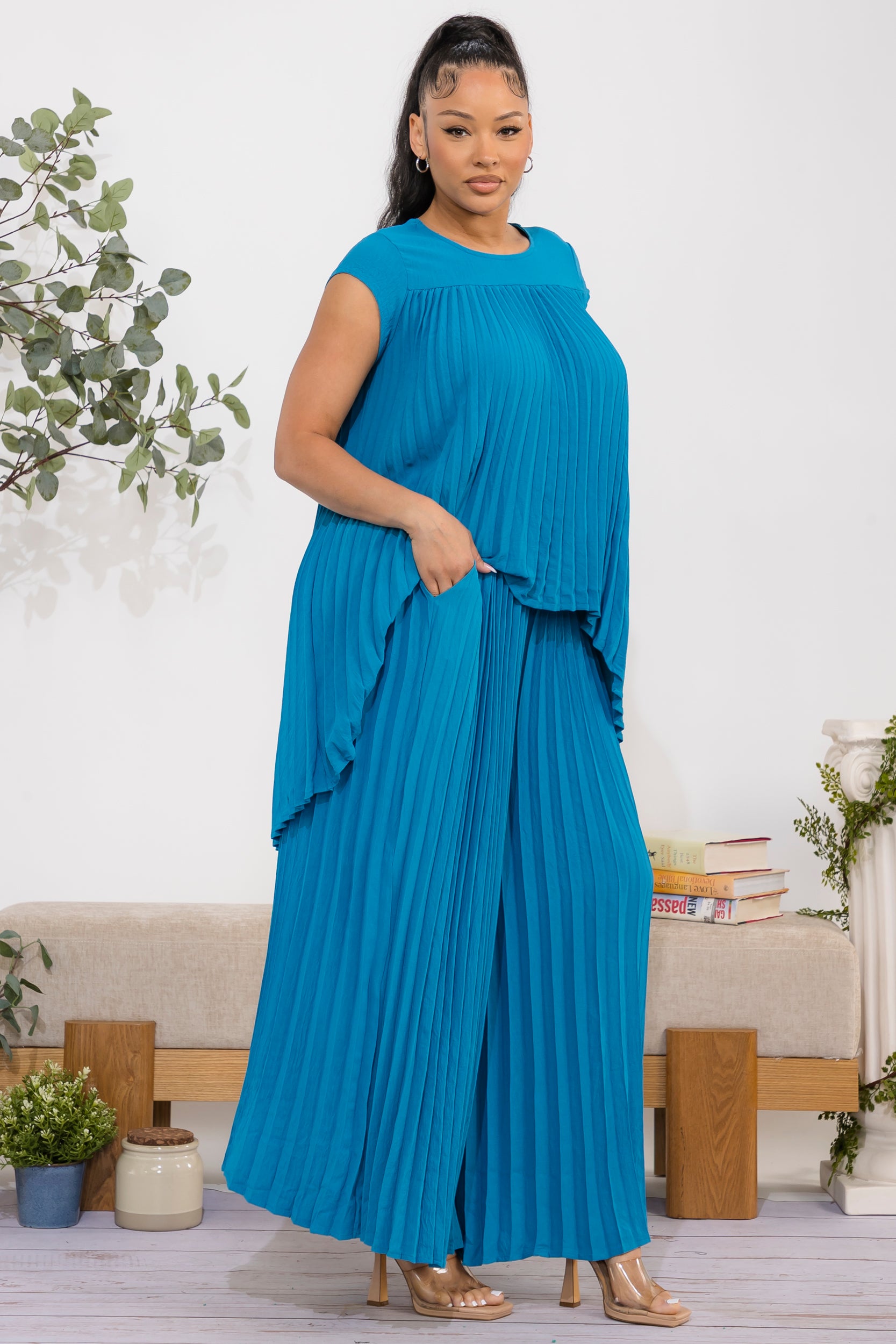 S25639-R 2PCS PLEATED TOP PANTS SET