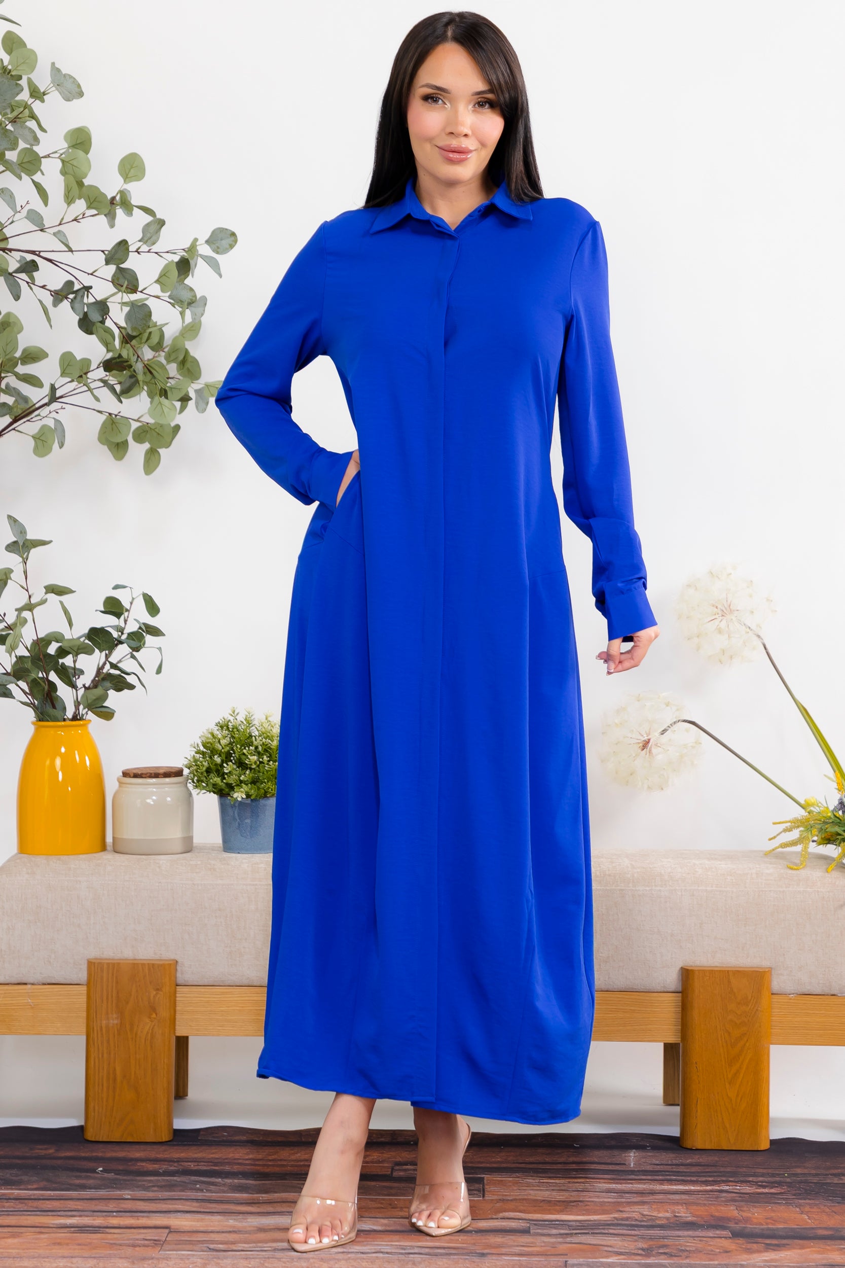 S25658-R Maxi Dress with Buttons, Pockets and Shirt
