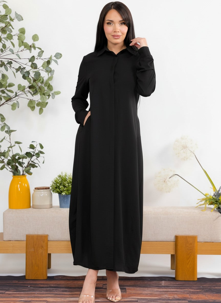 S25658-X Plus Size Maxi Dress with Buttons, Pockets and Shirt