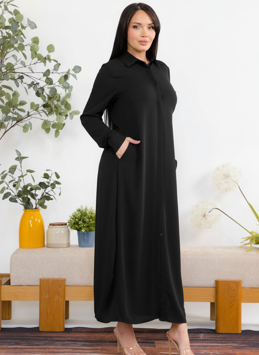 S25658-R Maxi Dress with Buttons, Pockets and Shirt