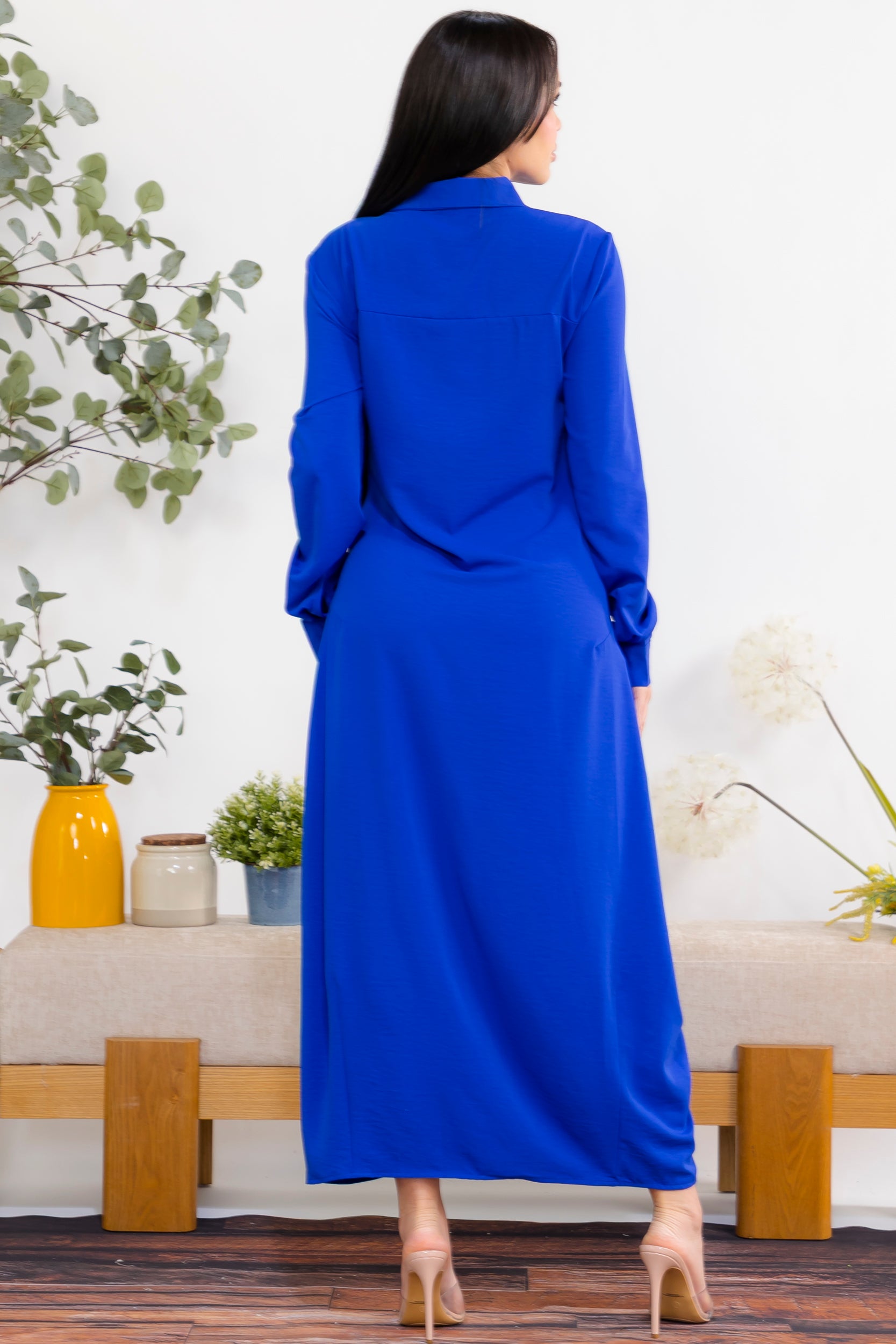 S25658-R Maxi Dress with Buttons, Pockets and Shirt