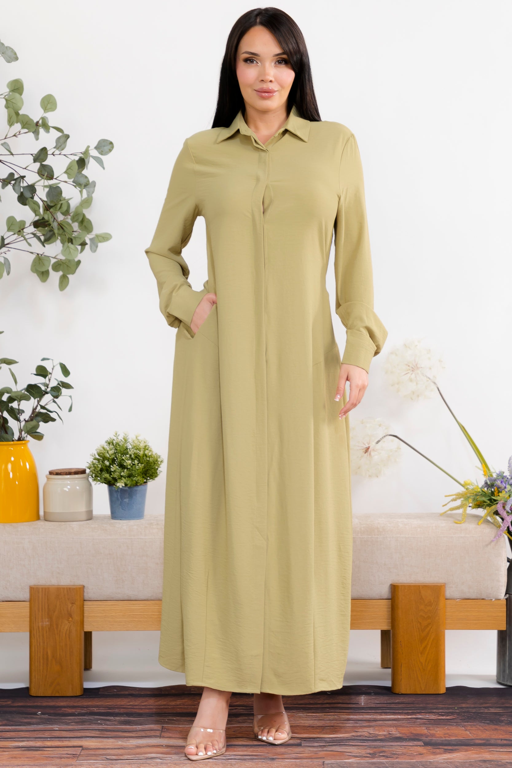 S25658-X Plus Size Maxi Dress with Buttons, Pockets and Shirt