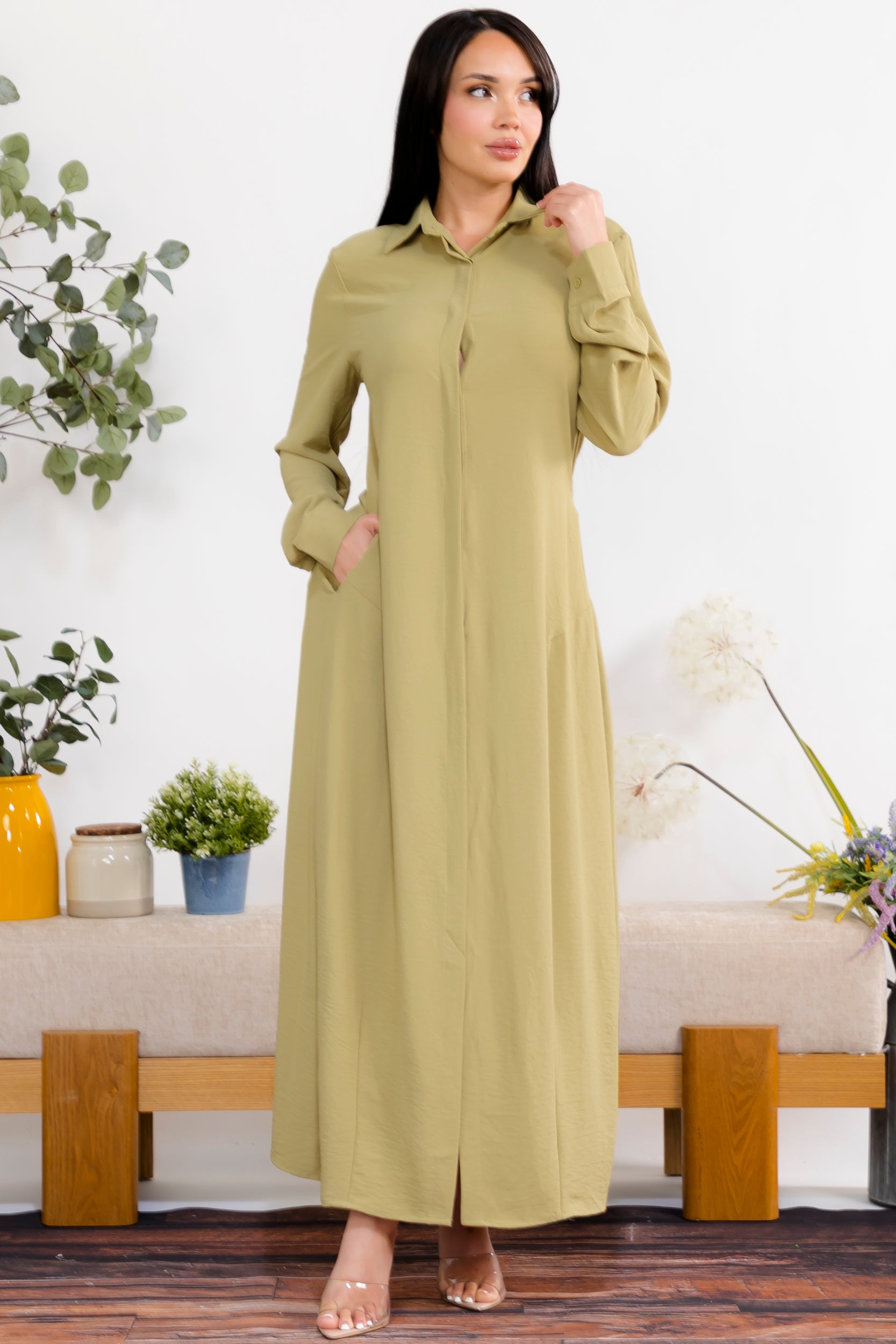 S25658-X Plus Size Maxi Dress with Buttons, Pockets and Shirt