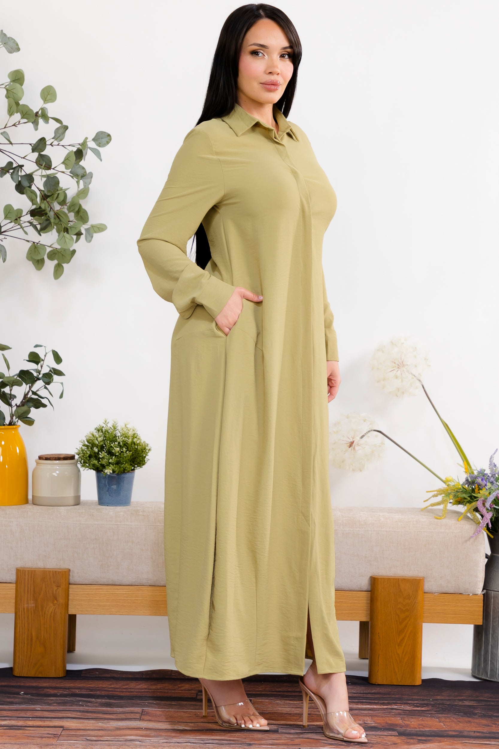 S25658-X Plus Size Maxi Dress with Buttons, Pockets and Shirt