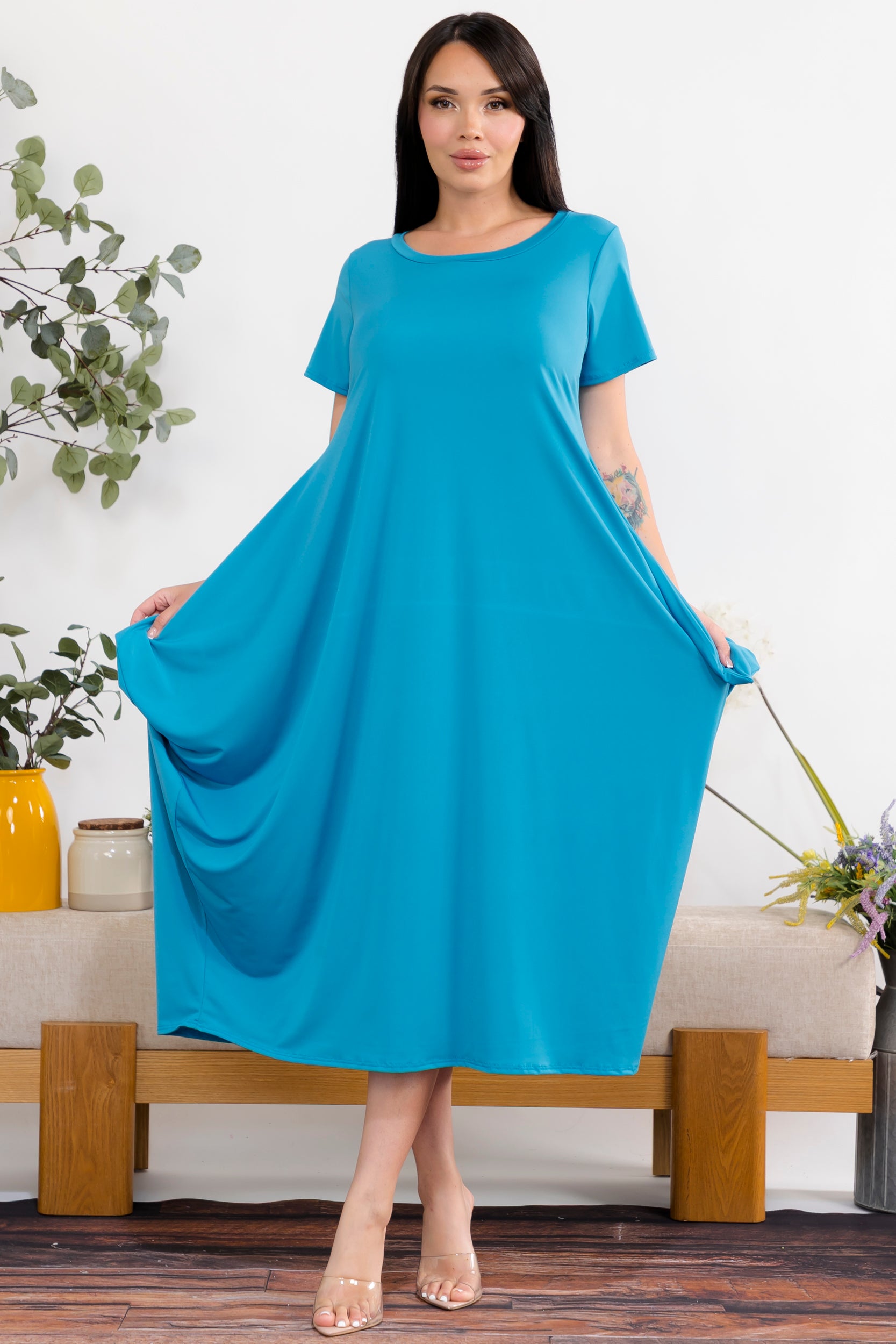 SAN152BX-S Plus Size Relaxed Pocket Detail Oversized Midi Dress