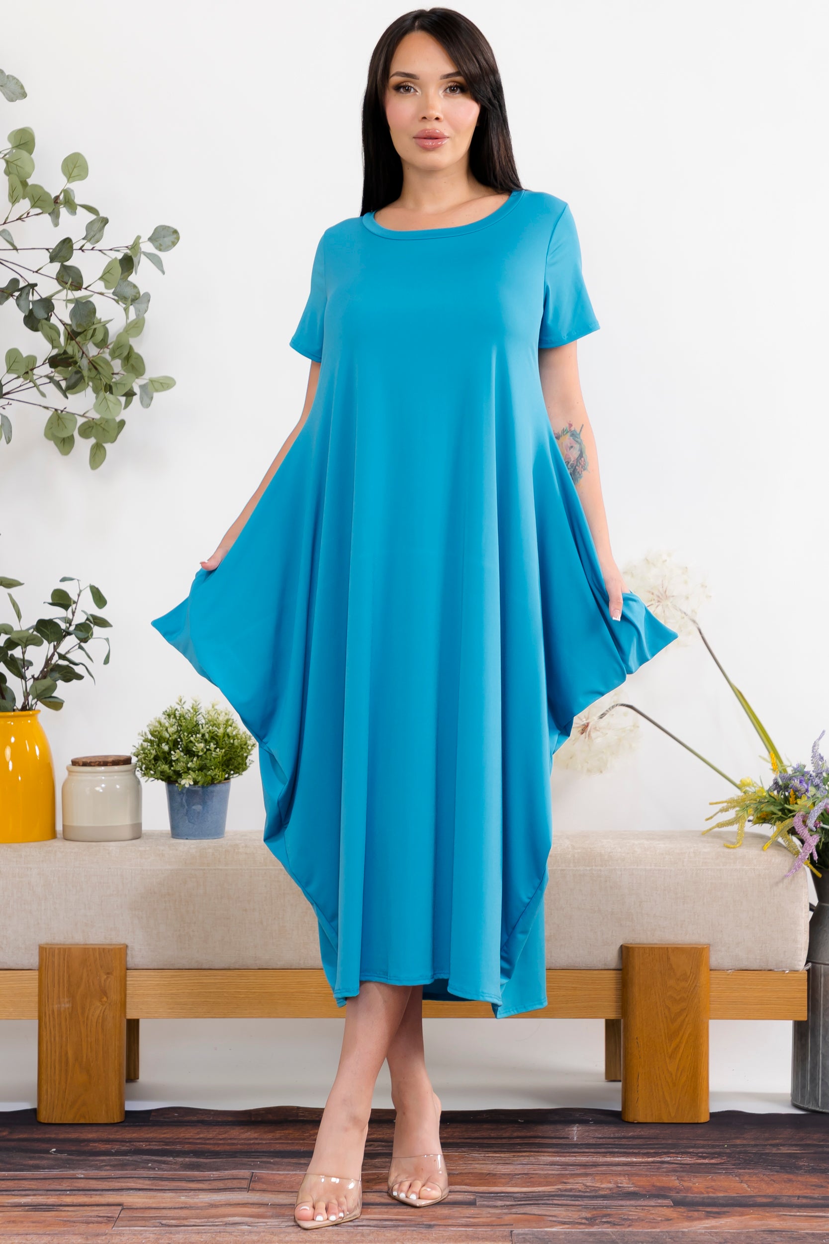 SAN152BX-S Plus Size Relaxed Pocket Detail Oversized Midi Dress