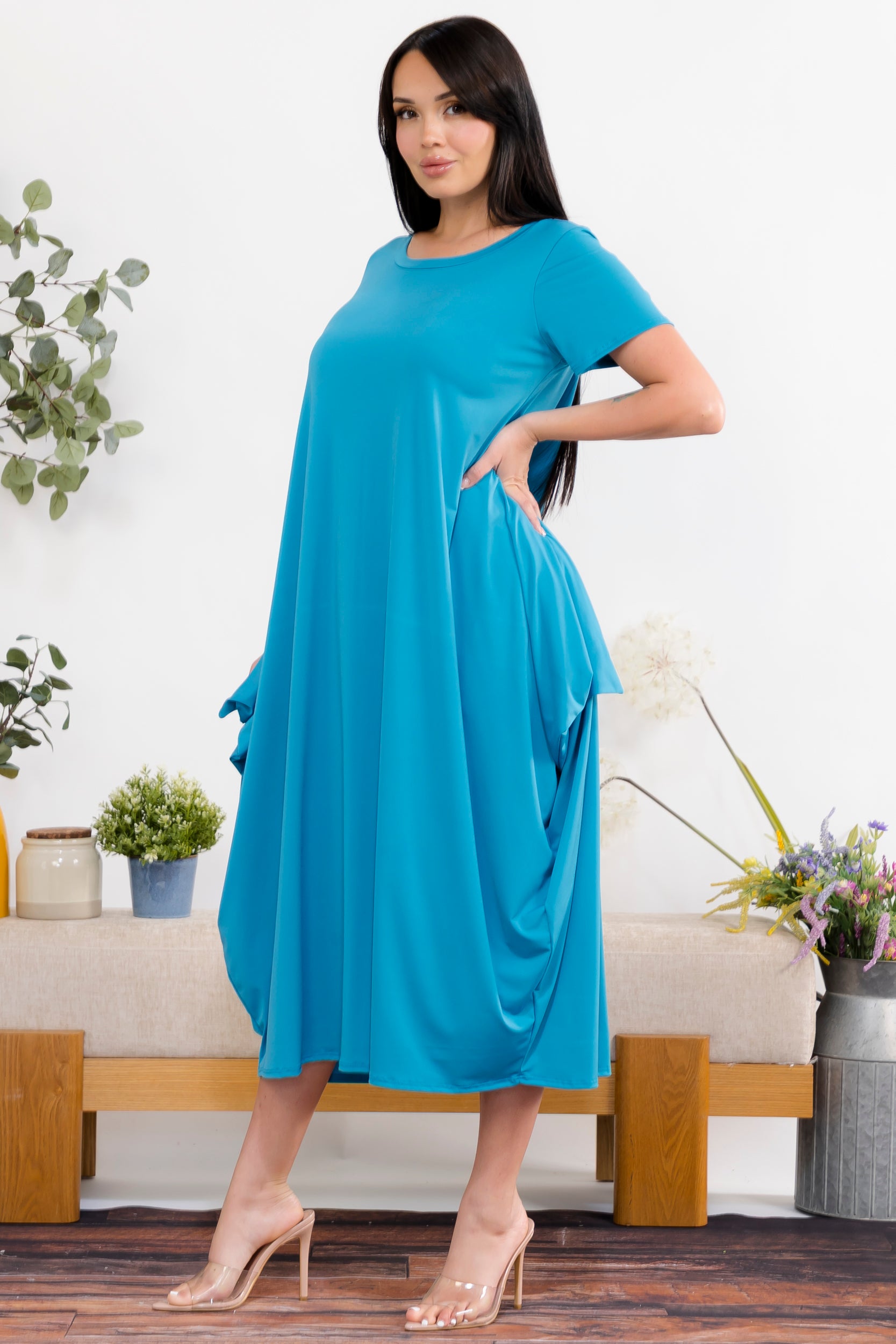 SAN152BX-S Plus Size Relaxed Pocket Detail Oversized Midi Dress